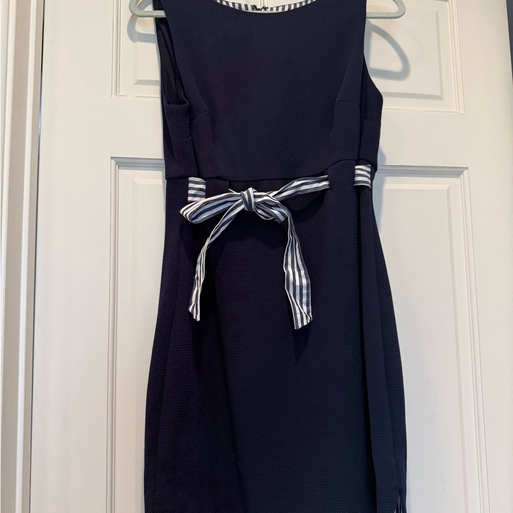 Jessica Howard Navy Midi Sheath Dress with Striped Waist Tie